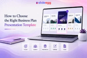 Business plan template selection banner with laptop, highlighted deck, checklist icons and waves