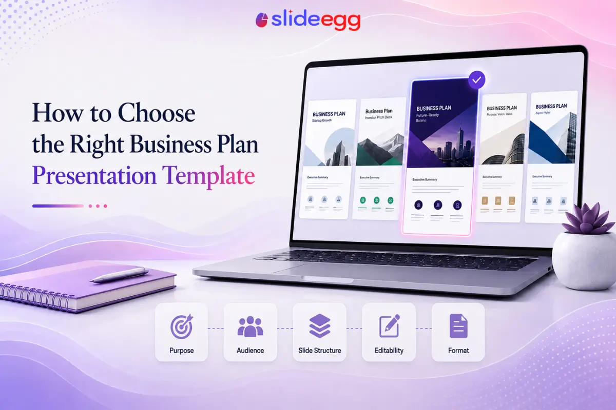 Business plan template selection banner with laptop, highlighted deck, checklist icons and waves