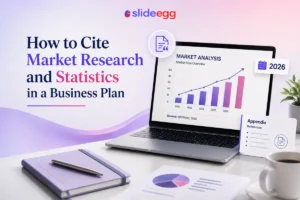 Market research citation banner with laptop chart, source note, appendix card, notebook and mug