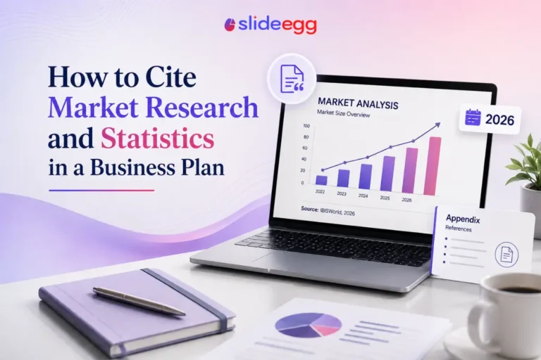 Market research citation banner with laptop chart, source note, appendix card, notebook and mug