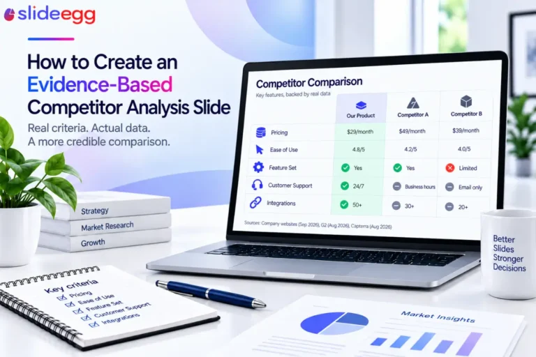 Competitor analysis banner with laptop comparison table, source note, checklist and desk props