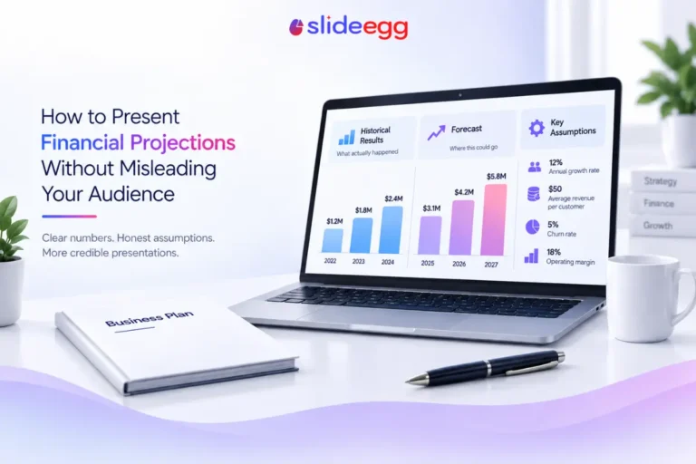 Financial projections banner with laptop dashboard, business plan booklet, charts, and mug