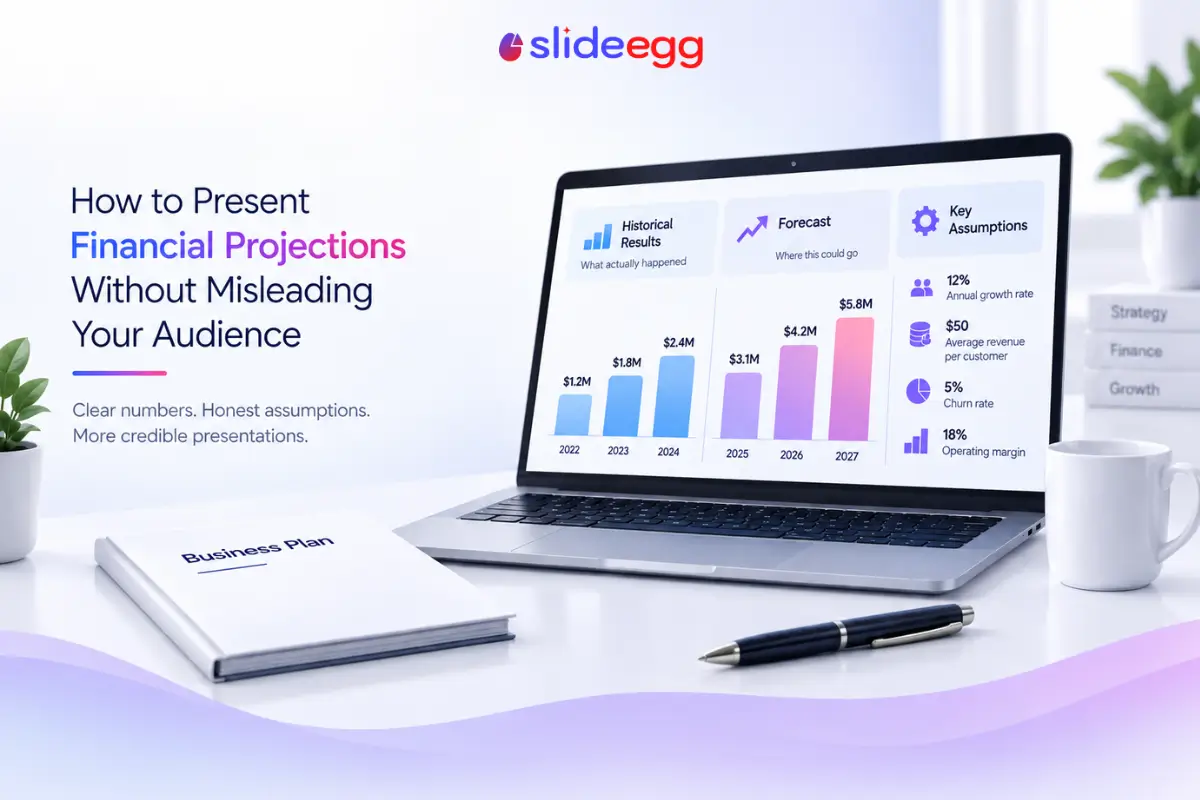 Financial projections banner with laptop dashboard, business plan booklet, charts, and mug