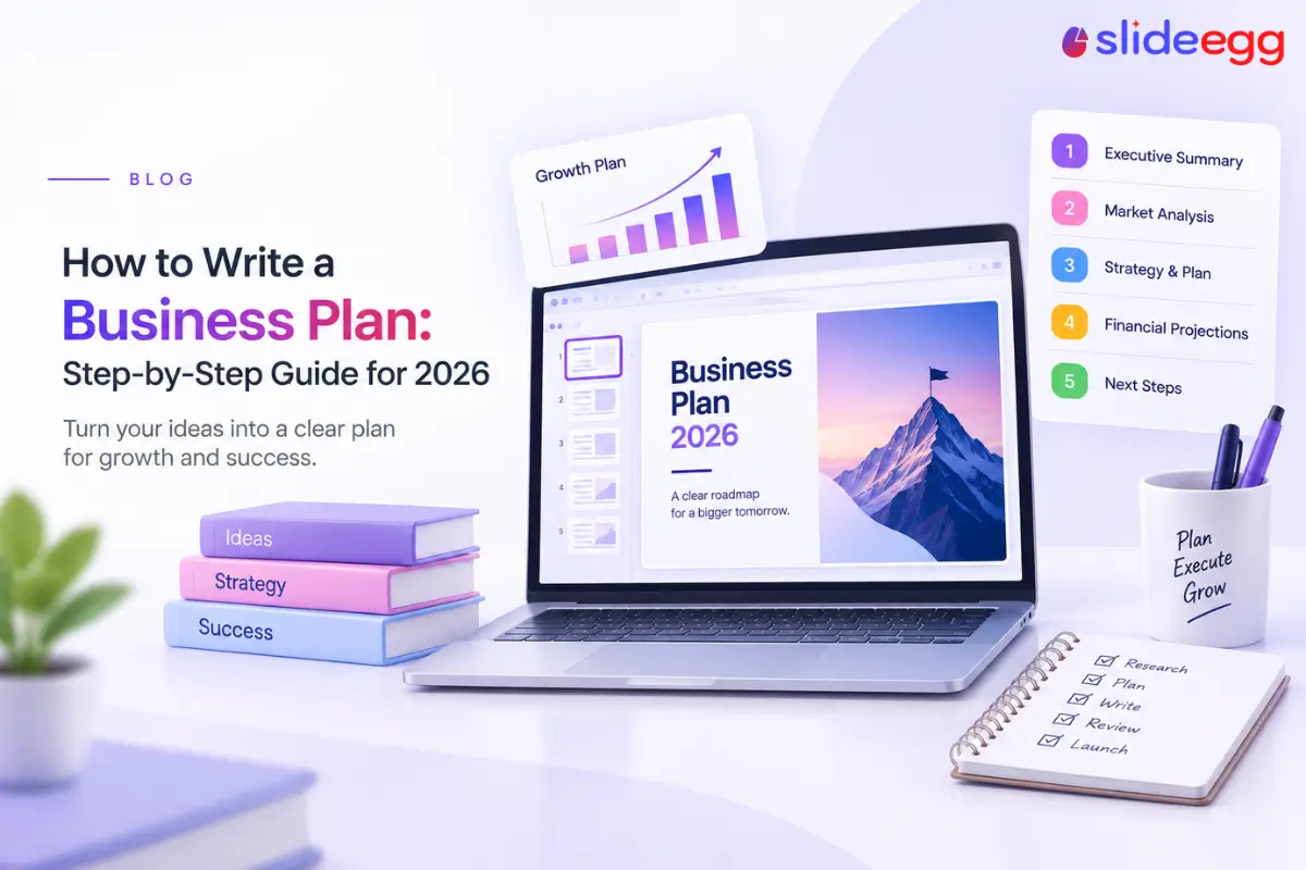 Business plan 2026 banner with laptop, growth chart, planning steps, books, notes, and strategy tools