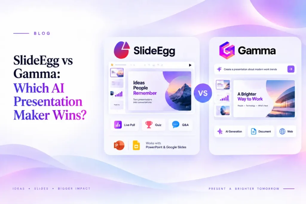 SlideEgg vs Gamma banner comparing AI presentation dashboards on a soft purple gradient background