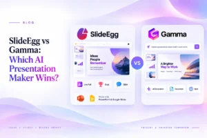 SlideEgg vs Gamma banner comparing AI presentation dashboards on a soft purple gradient background