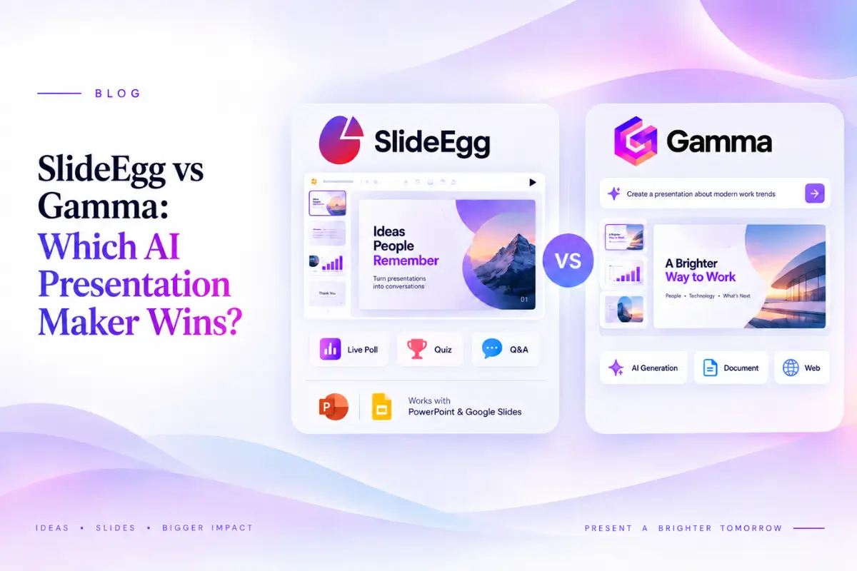SlideEgg vs Gamma banner comparing AI presentation dashboards on a soft purple gradient background