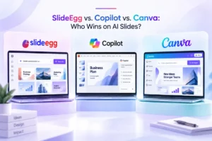 SlideEgg, Copilot and Canva AI slide tools compared side by side on laptops in a clean banner.
