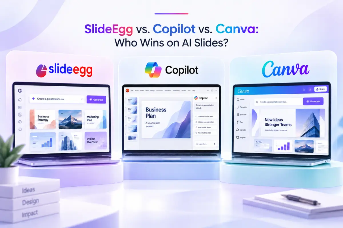 SlideEgg, Copilot and Canva AI slide tools compared side by side on laptops in a clean banner.