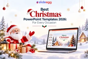 Christmas 2026 PowerPoint templates banner with Santa, gifts, snowy scene, and laptop presentation.