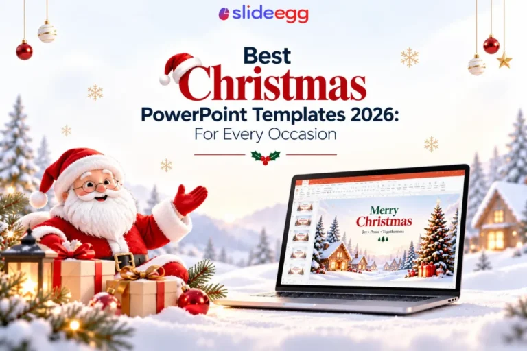 Christmas 2026 PowerPoint templates banner with Santa, gifts, snowy scene, and laptop presentation.