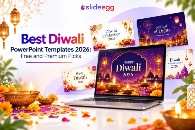 SlideEgg's Festive Diwali 2026 PowerPoint templates banner with diyas, rangoli, and slides