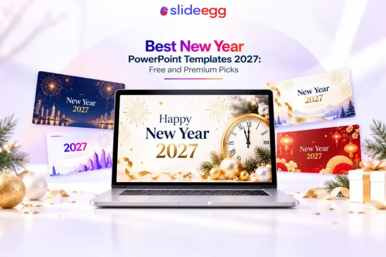 Best New Year 2027 PowerPoint templates banner with festive slide previews in pastel purple