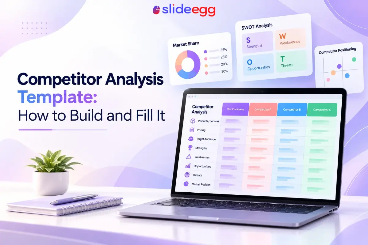 Competitor analysis template banner with laptop dashboard, SWOT card, market share, positioning.