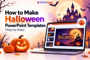 Halloween PowerPoint banner with pumpkins, laptop slide, and haunted castle under moon