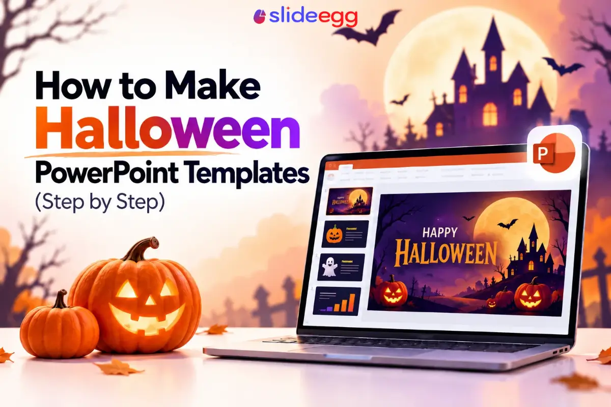 Halloween PowerPoint banner with pumpkins, laptop slide, and haunted castle under moon