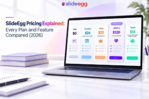 Minimal banner showing SlideEgg pricing plans on a laptop with Free, Quarterly, Yearly, Lifetime.