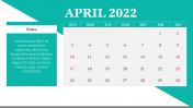Best PowerPoint Calendar April 2022 Template - Teal Theme
