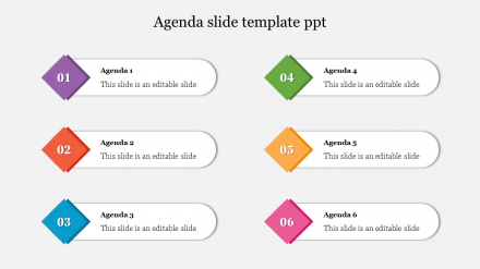 Multicolor Agenda Slide Template PPT With Six Node