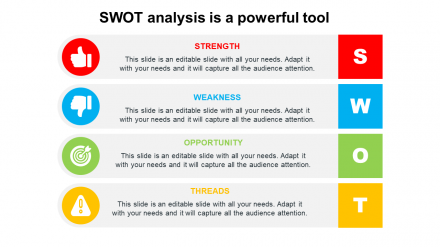 Powerful Tool SWOT Analysis PPT Template With Multicolor Theme
