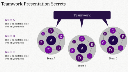 Purple Color Three Node Teamwork Presentation PPT Template