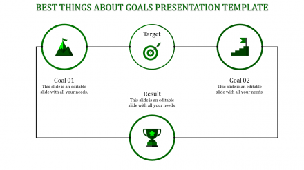 Creative Goals Presentation Template With Green Icons