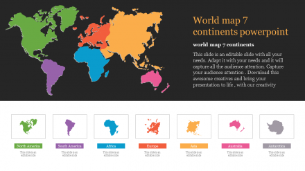 Attractive World Map 7 Continents PowerPoint