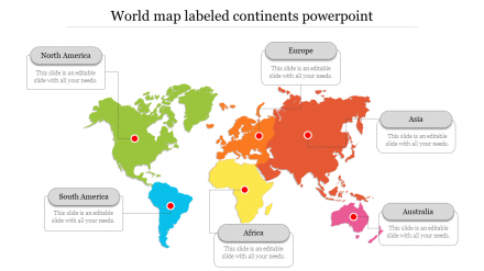 Colorful World Map Labeled Continents PowerPoint Template