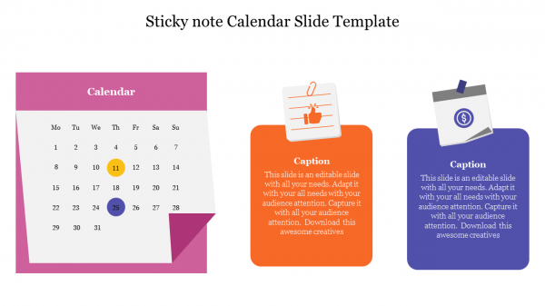 Innovative Sticky Note Calendar Slide Template Diagram