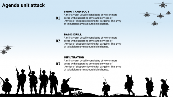 military powerpoint template-agenda unit-attacks-3-blue