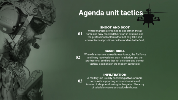 military powerpoint template-agenda unit-tactics-3-green