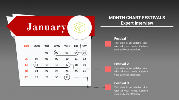 powerpoint calendar slide-month charts -schedule-3-red