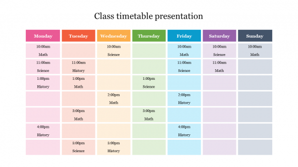 Class timetable presentation 