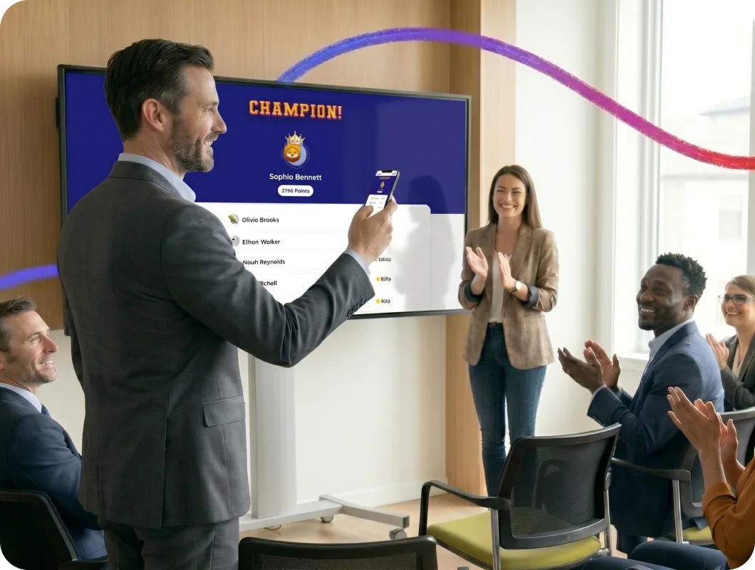 A live quiz champion announcement shown to an applauding audience.