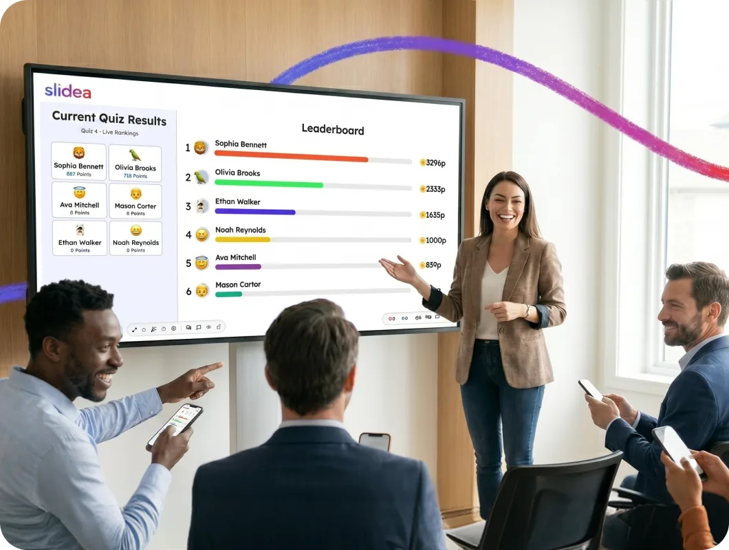 A presenter gestures toward a live quiz leaderboard on screen.