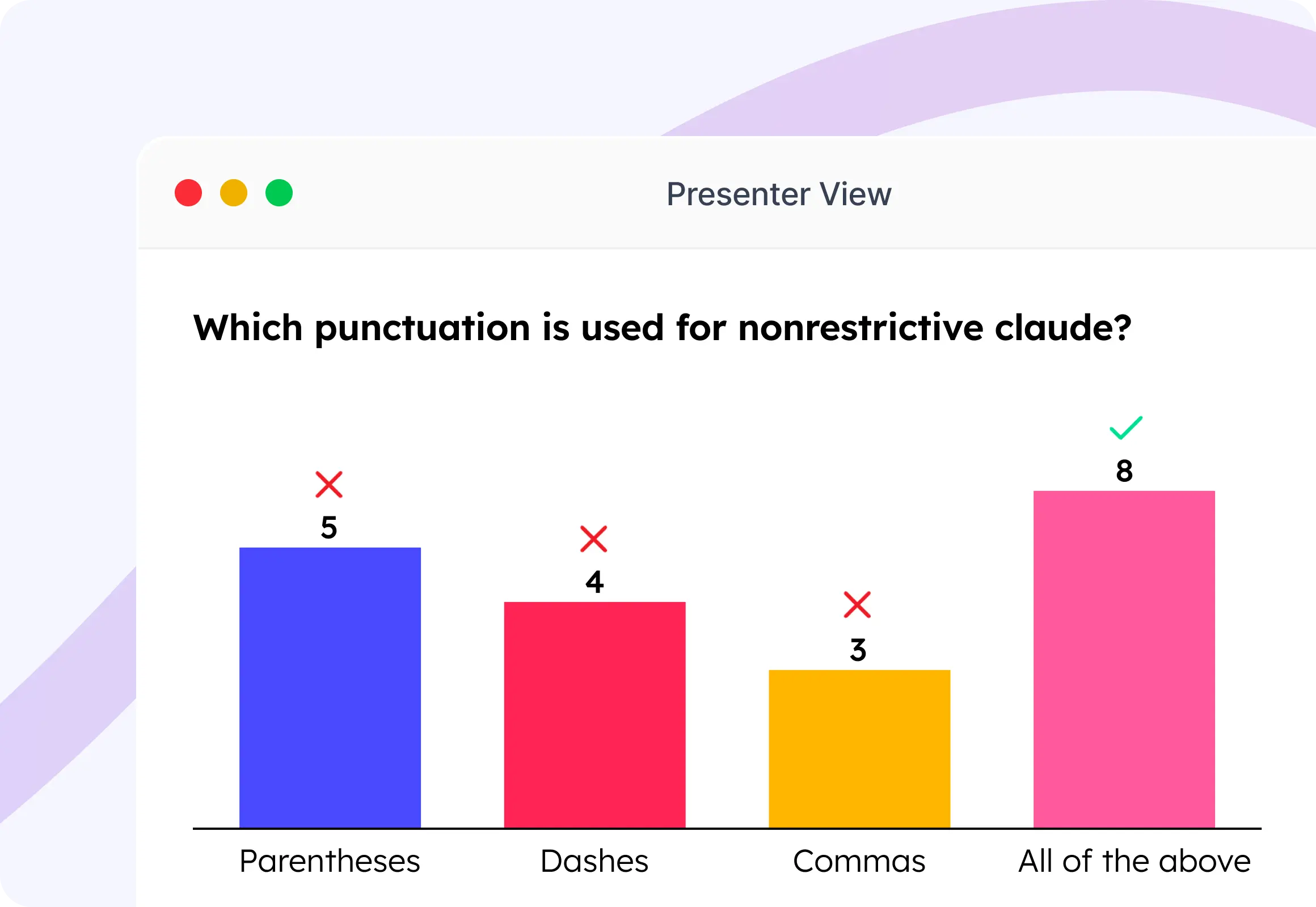Live Multiple Choice poll results shown as a bar chart on the presenter screen