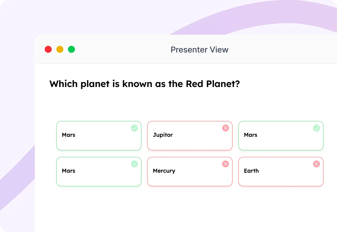 Presenter view displaying audience text responses for a quiz question.