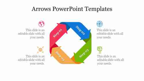 Editable Four Way Multicolor Arrows PowerPoint Templates