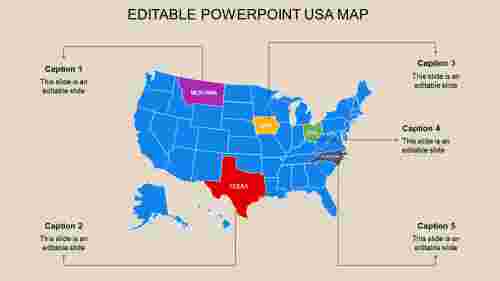 Five nodded Editable PowerPoint USA map