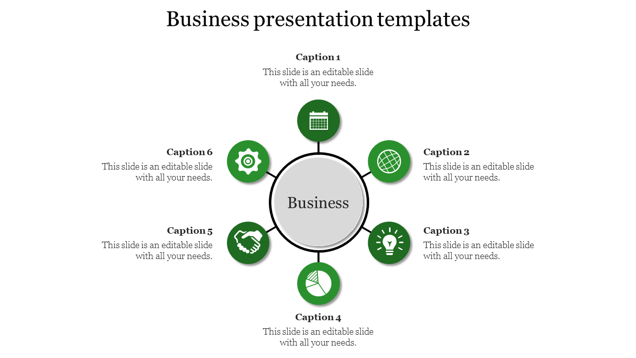 Business template with six green icons linked to a central grey circle, showing symbols like a calendar, gear, and light bulb.