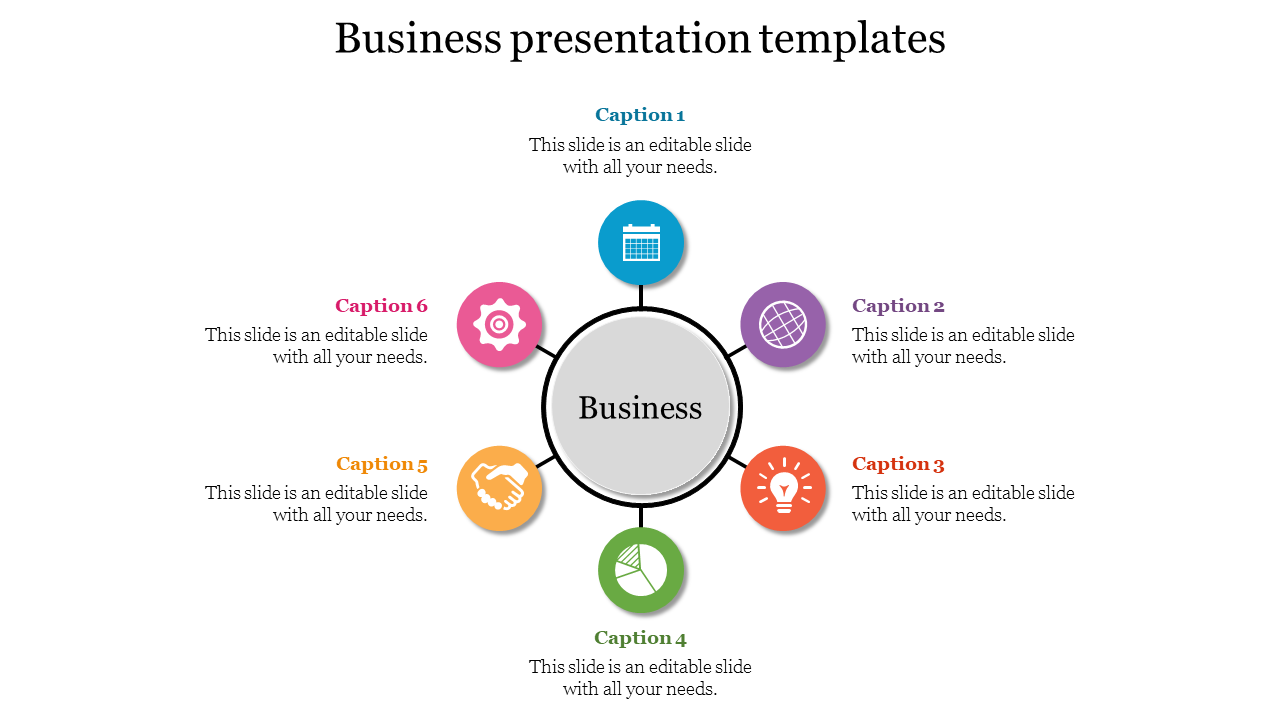 Business infographic with six colorful icons representing calendar, globe, handshake, lightbulb, gear, and chart.