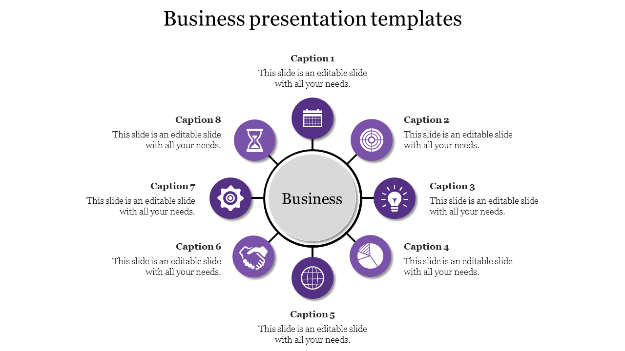 Circular layout with eight purple icons evenly distributed around a central business circle, each with a caption.