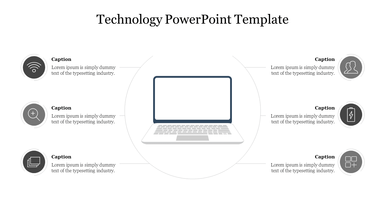 Laptop image at the center with six gray icons symbolizing technology aspects connected by lines and captions.