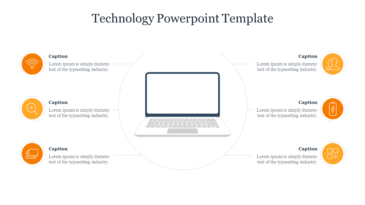 Technology template with a laptop illustration in the middle and six orange icons evenly distributed in a circle.