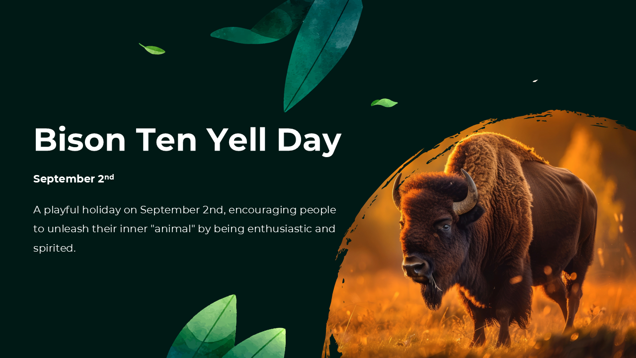 A powerful image of a bison standing in a grassy field, symbolizing Bison Ten Yell Day, a playful holiday on a green theme.
