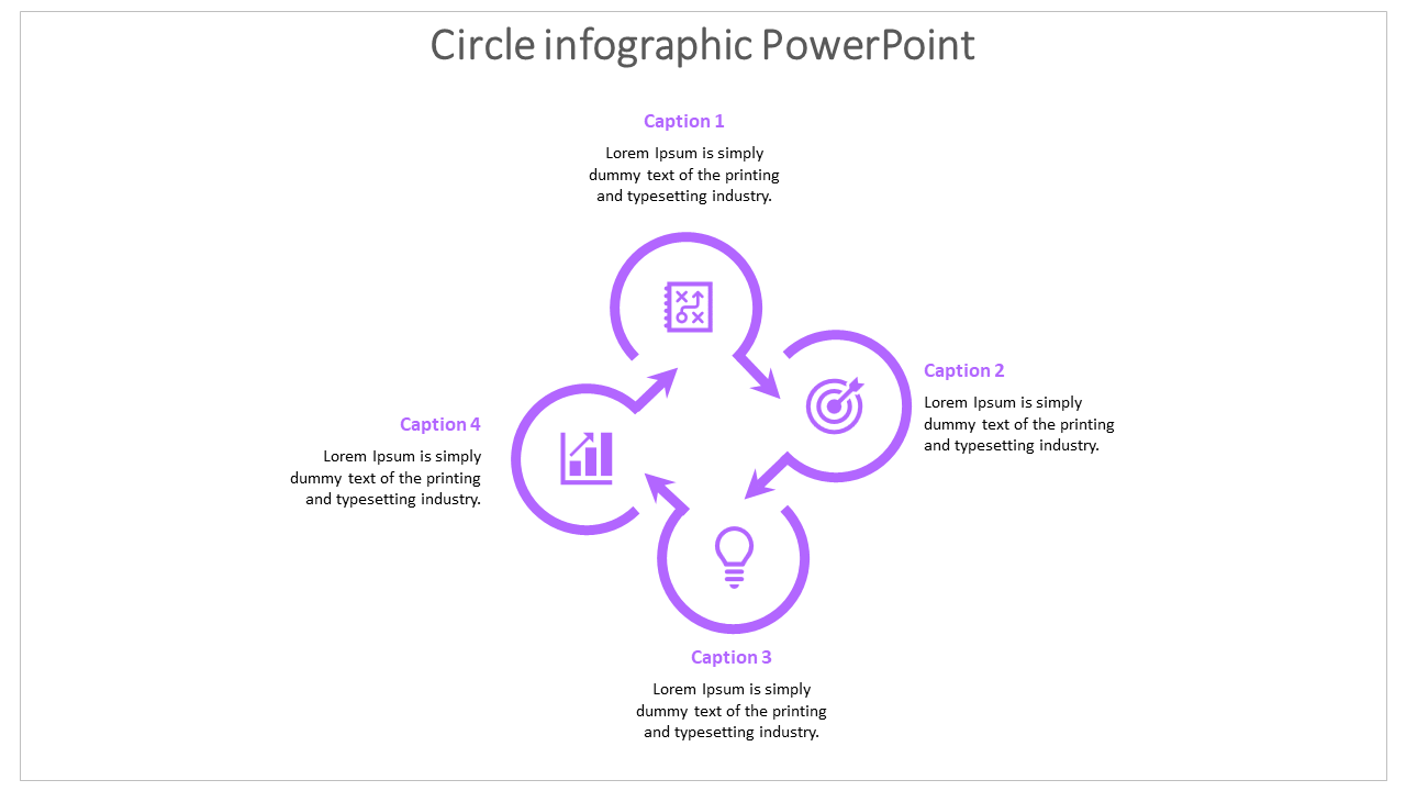 Circle infographic PowerPoint with four purple icons and captions, each representing different concepts on a white backdrop.
