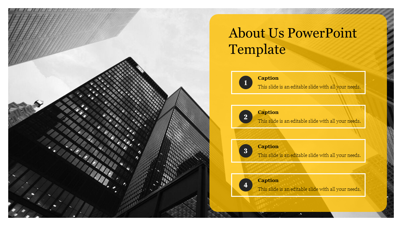 Business themed About Us PowerPoint template with building photos and sections for captions.