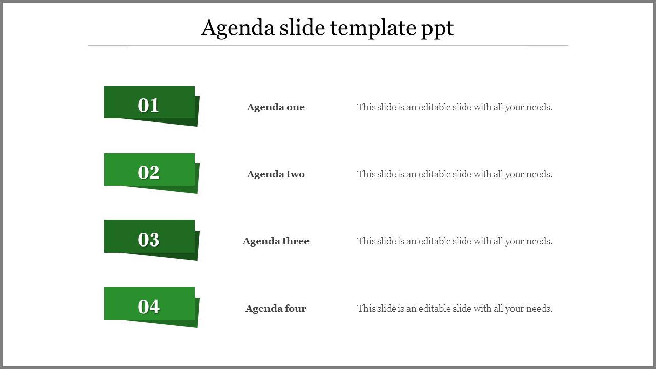 Agenda PPT slide featuring four sections, numbered 1 to 4, with green themed tabs for one to four with placeholder text.