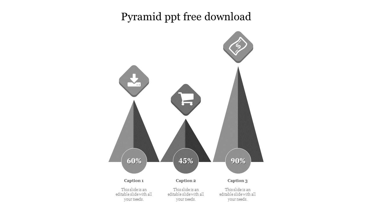 Gray pyramid design with three sections, each featuring an icon and percentage value, arranged from bottom to top.