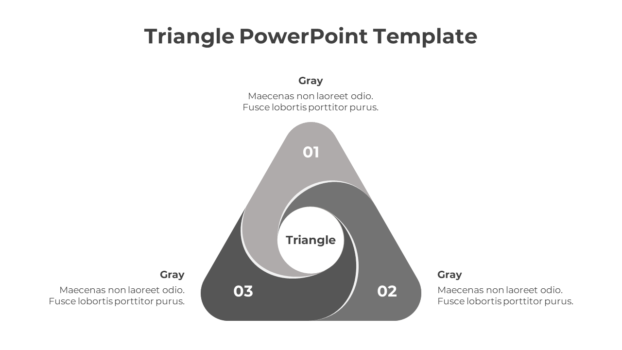 Gray triangle template featuring a swirling three-part design with numbered sections and surrounding text descriptions.